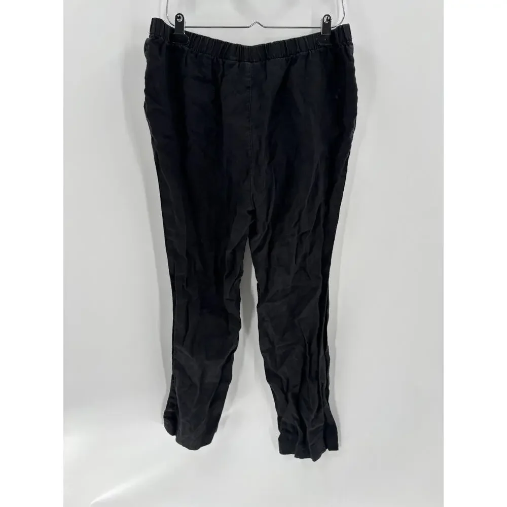 Chicos Pants Womens Large Black 100% Linen Pull On Pockets Straight Leg Stretchy